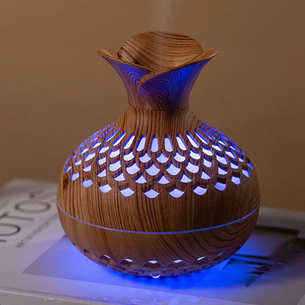 300ML Wood Grain Flower Humidifier Silent Aromatherapy Diffuser USB Rechargeable Mini Humidifier with Colourful Night Light - petguardiansupplies