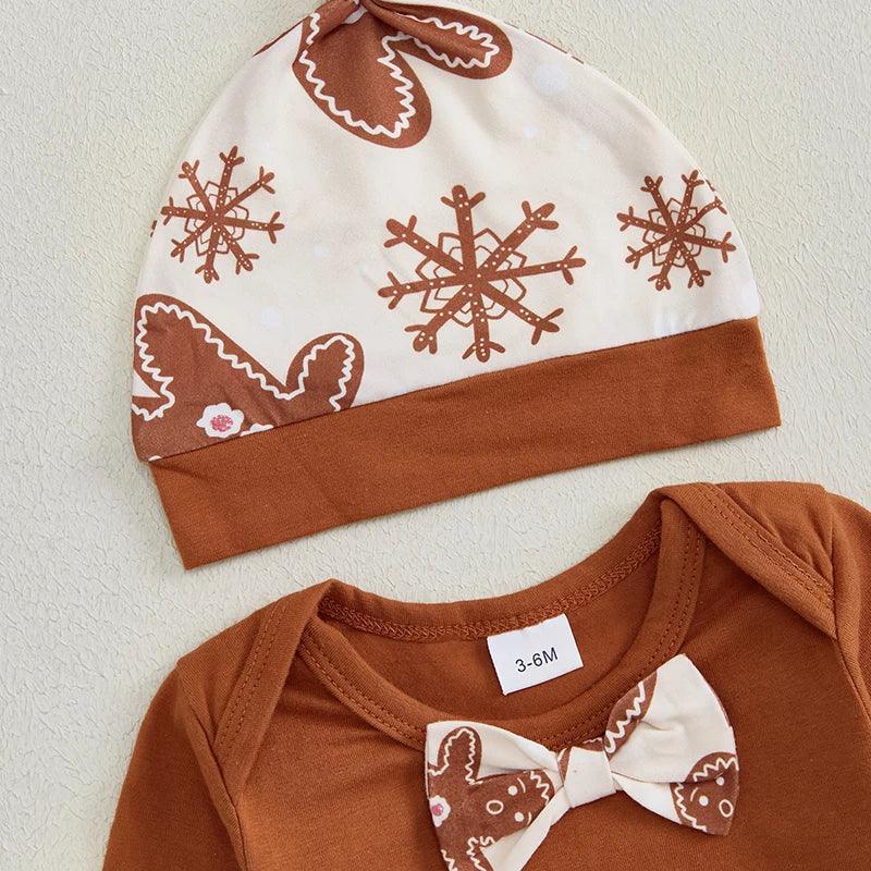 FOCUSNORM 0-18M 3pcs Autumn Baby Boys Christmas Clothes Sets Long Sleeve Gingerbread Print Romper Suspender Pants Hat Sets - petguardiansupplies