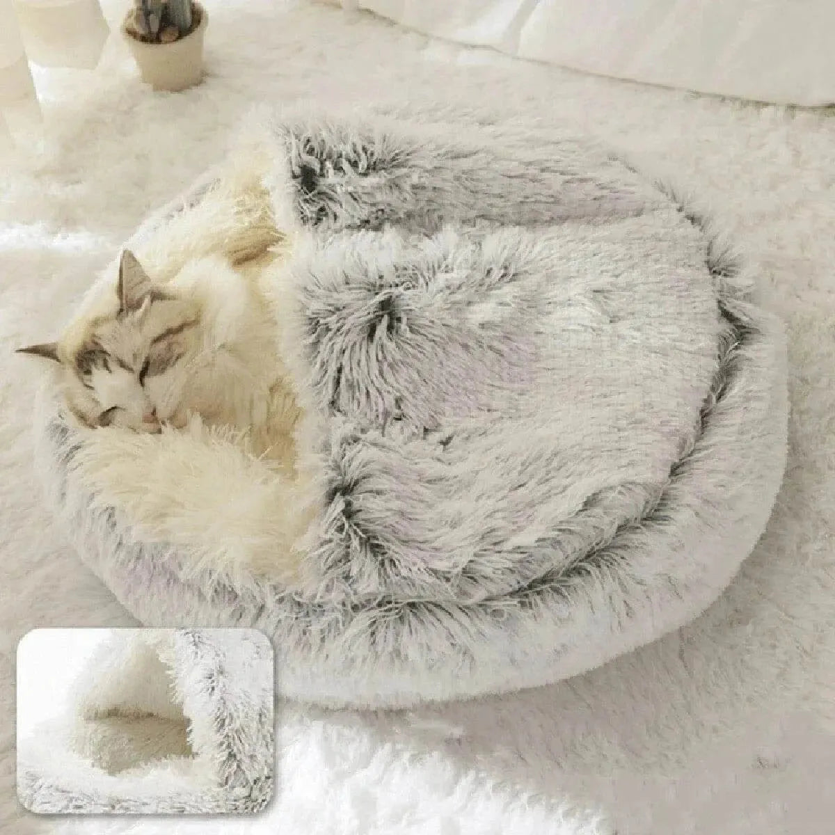 Soft Plush Pet Bed with Cover Round Cat Bed Pet Mattress Warm Cat Dog 2 in 1 Sleeping Nest Cave for Small Dogs - petguardiansupplies