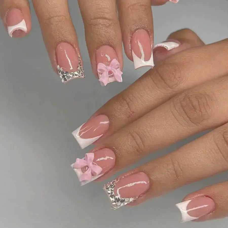 Pink French Style 3D Bowknot Press-On Nails-1