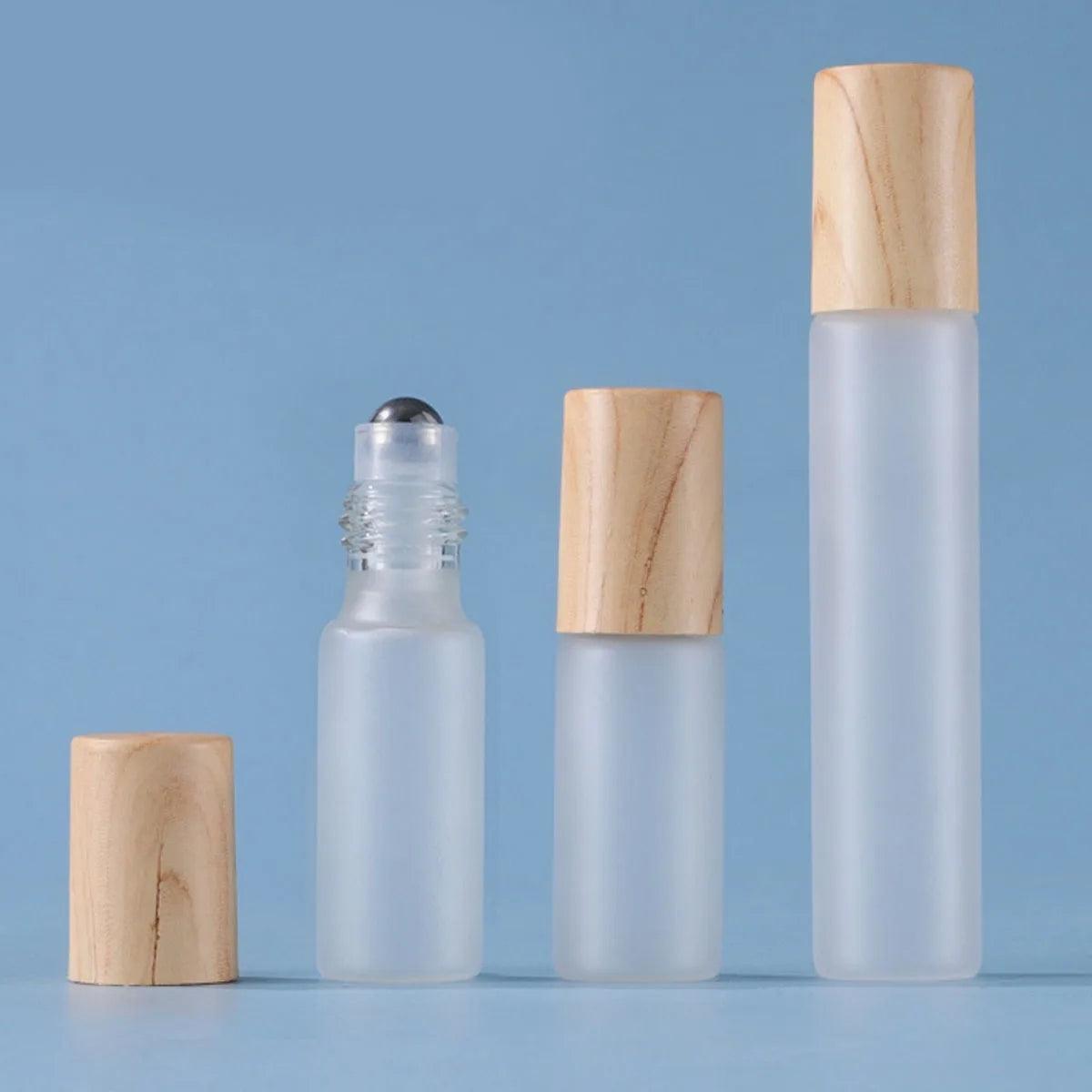 20X 50X Glass Essential Oil Roller Bottles 1ml 2ml 3ml 5ml 10ml Frosted Clear Roll on Vials PP Wood Paint Cap Lid Perfume Refill - petguardiansupplies