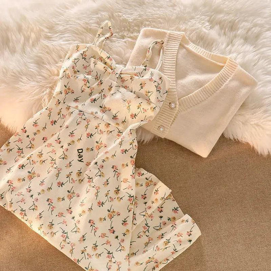 2024 Autumn New Fragmented Flower Tank Dress Elegant Dress Knitted Cardigan Warm Match Autumn Suit - petguardiansupplies