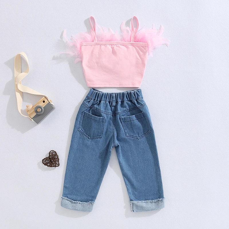 FOCUSNORM Little Girls Fashion Clothes Sets 1-6Y Ruffles Fur Feather Sleeveless Camisole Tops+High Waist Denim Pants 2pcs - petguardiansupplies