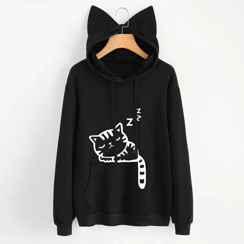 Women's Sweatshirt Cute Cat Ears Hooded Sweatshirt Fashion Cat Print Casual Long Sleeve Pullover - petguardiansupplies