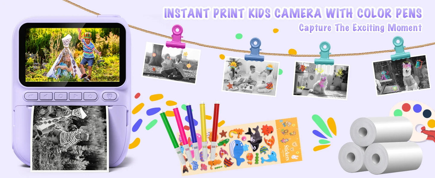 Kids Digital Camera 3.0" Portable Instant Print Camera 32MP HD 1080P Camera Toy Gift For 6-12 Year With 3 Rolls Printer Paper - petguardiansupplies