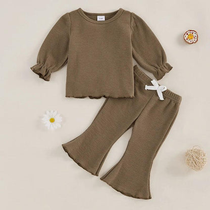 FOCUSNORM 0-3Y Lovely Baby Girls Autumn Clothes Sets 2pcs Solid Color Waffle Long Sleeve Tops and Elastic Flare Pants - petguardiansupplies