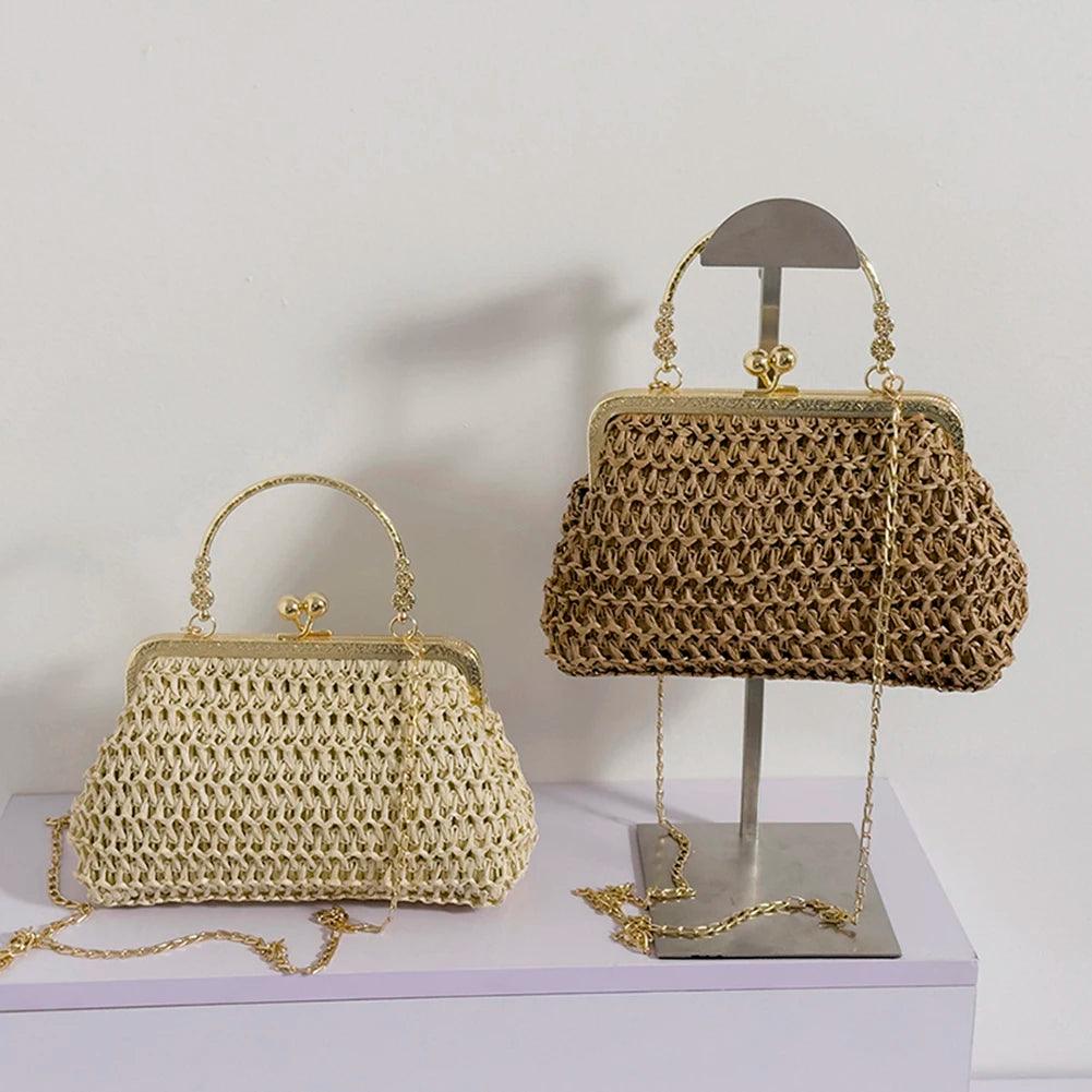 Summer Beach Straw Bags Exquisite Gold Chain Party Banquet Purse Hand Woven Handbag Female Clutch Bag Shoulder Crossbody Bags - petguardiansupplies