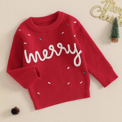 FOCUSNORM 0-3Y Winter Baby Girls Christmas Sweaters Xmas Letter Embroidered Long Sleeve Round Neck Ribbed Knitted Pullover - petguardiansupplies