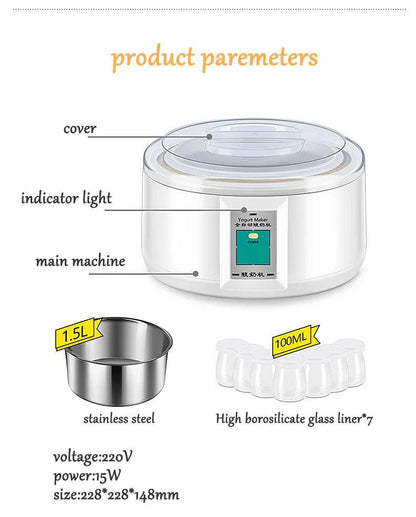 1.5L Electric Yogurt Maker Fermenter Automatic Multifunction Stainless Steel Liner Natto Rice Wine Pickle Machine 7 Yoghurt Cups - petguardiansupplies