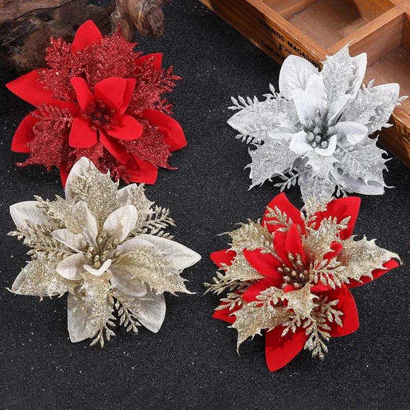 Glitter Artifical Christmas Flowers Merry Christmas Tree Decoration Happy New Year Ornaments Xmas Fake Flowers Natal - petguardiansupplies