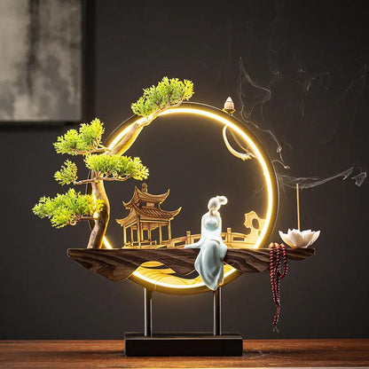 USB Light Ring Ornament LED Light Reflux Incense Burner Simulation Tree Ceramic Lotus Buddha Bead Home and Office Decoration - petguardiansupplies