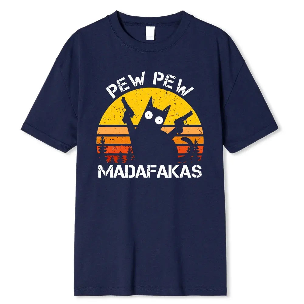 Pew Pew Madafakas Cat With Two Guns Printing Men T Shirts Summer Cotton T-Shirts Breathable Loose Clothes Hip Hop Street Tees - petguardiansupplies