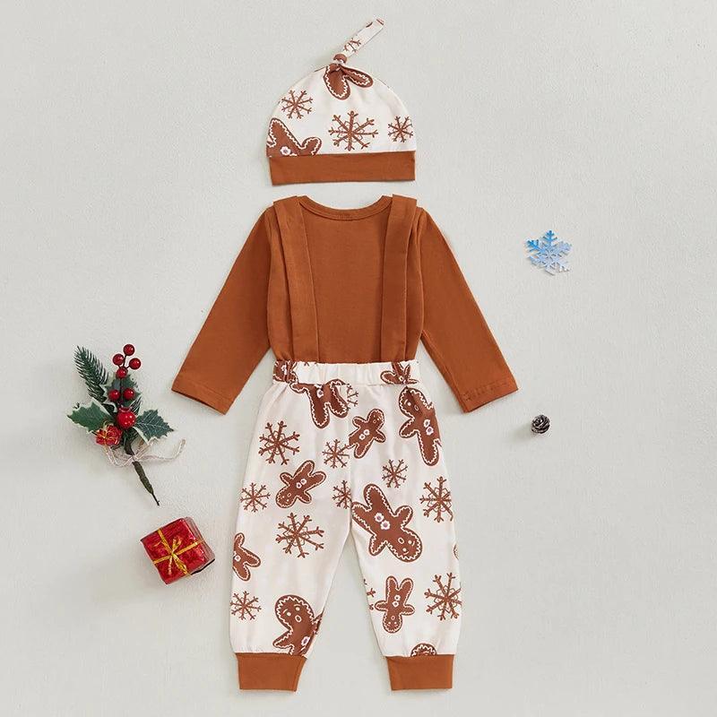 FOCUSNORM 0-18M 3pcs Autumn Baby Boys Christmas Clothes Sets Long Sleeve Gingerbread Print Romper Suspender Pants Hat Sets - petguardiansupplies