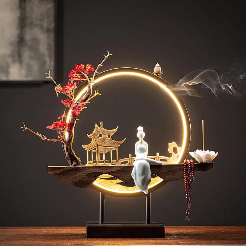 USB Light Ring Ornament LED Light Reflux Incense Burner Simulation Tree Ceramic Lotus Buddha Bead Home and Office Decoration - petguardiansupplies