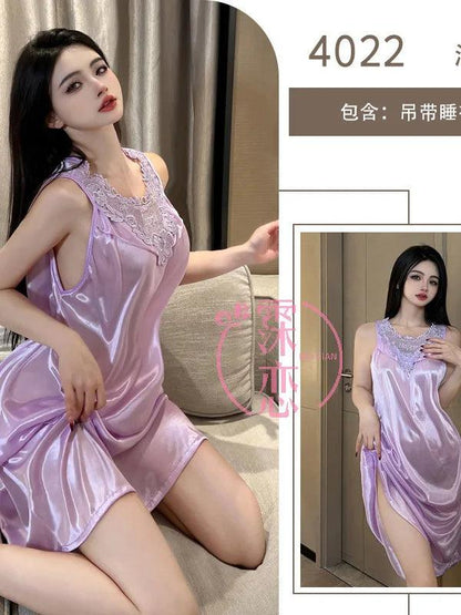 Loose Casual Purple Lace Long Dress Vest Tank O Neck Hot Sexy Korean Women Robe Fashion Sweet Women Tops 2024 New KZV9 - petguardiansupplies