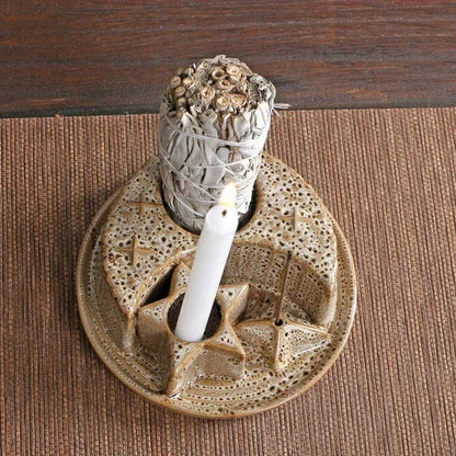 4-In-1 Ceramic Candle & Incense Holder Morandi Color with Cute Stars and Moon Design Perfect for Sage Palo Santo Stick Incense - petguardiansupplies