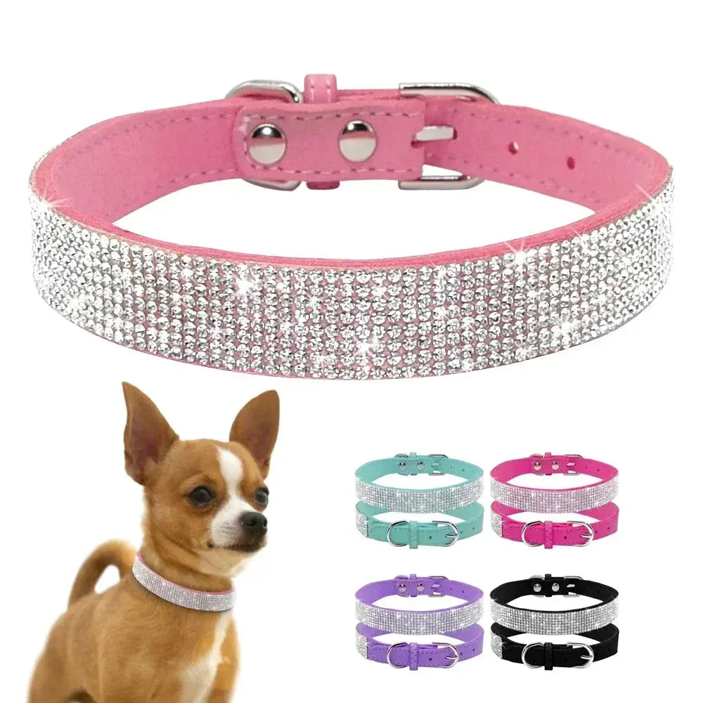 Suede Fiber Crystal Dog Collar Comfortable Glitter Rhinestone Dog Collars Zinc Alloy Buckle Collar for Small Dogs Cats XXS-L - petguardiansupplies