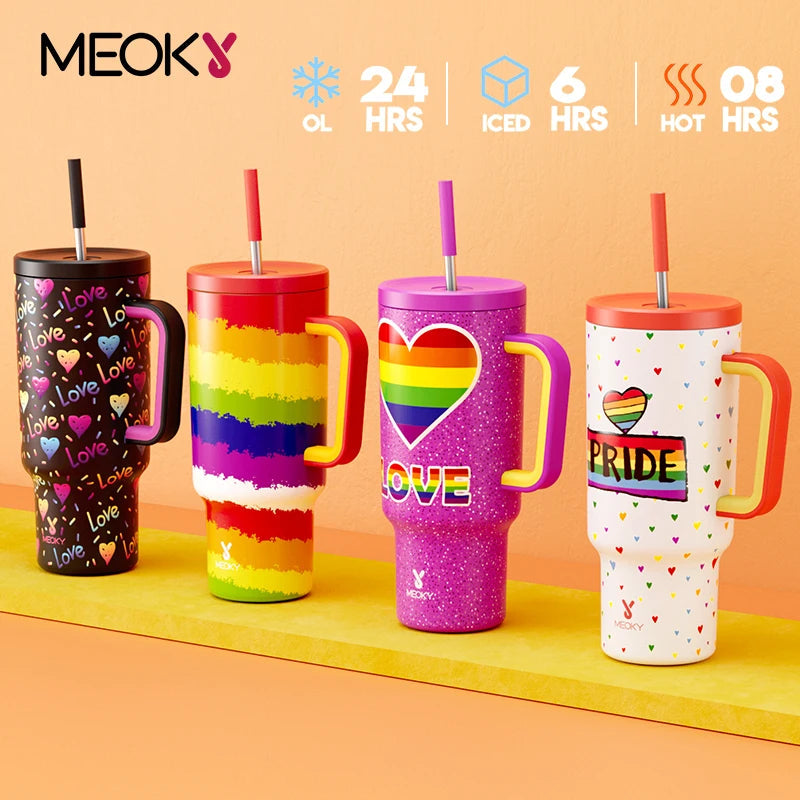 Meoky 40oz Tumbler Handle Straw Multiple Prints Stainless Steel Bottle Thermos Coffee Cup Portable Vacuum Insulated Car Mug Gift - petguardiansupplies