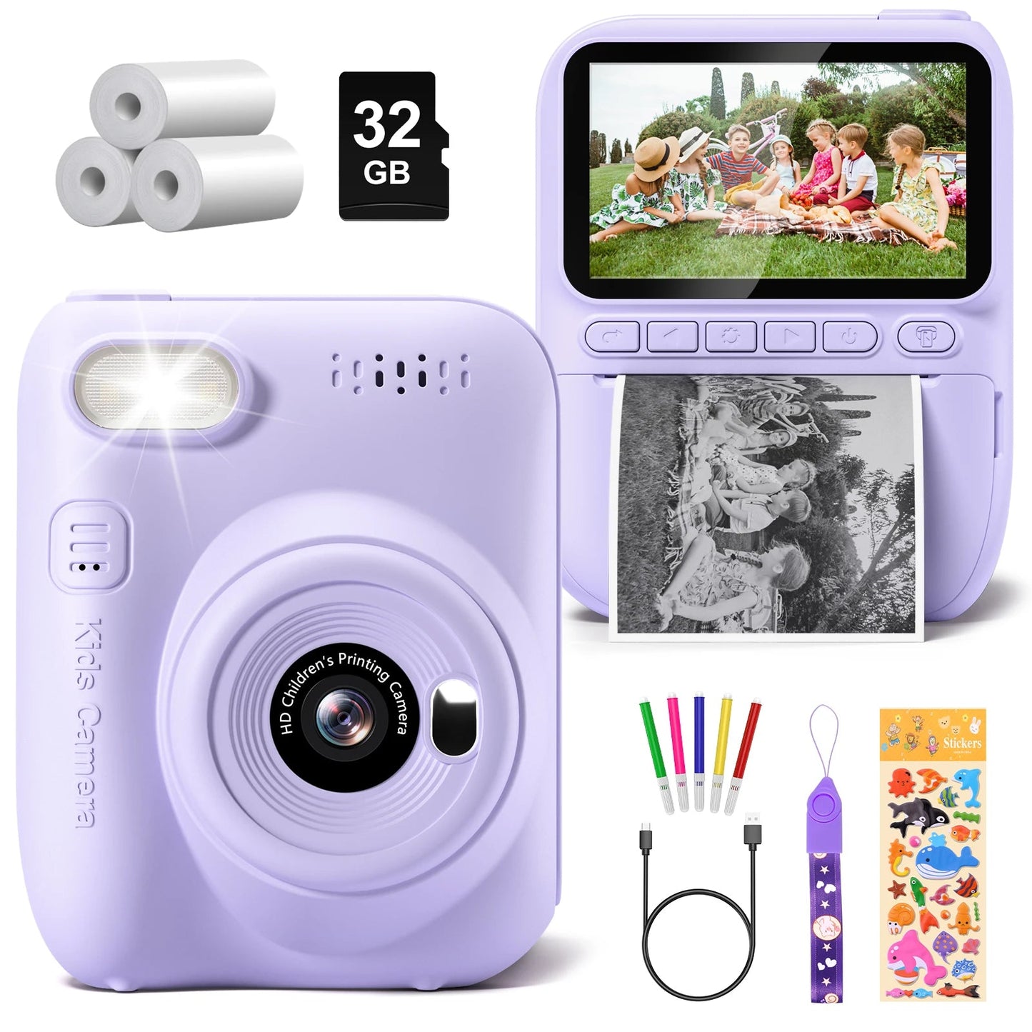 Kids Digital Camera 3.0" Portable Instant Print Camera 32MP HD 1080P Camera Toy Gift For 6-12 Year With 3 Rolls Printer Paper - petguardiansupplies