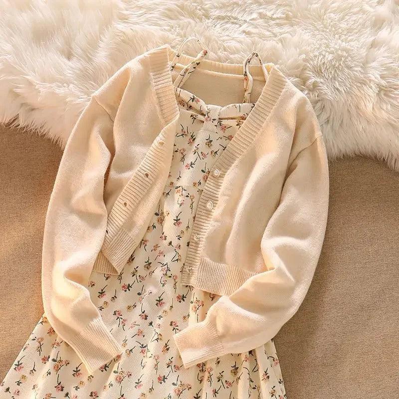 2024 Autumn New Fragmented Flower Tank Dress Elegant Dress Knitted Cardigan Warm Match Autumn Suit - petguardiansupplies