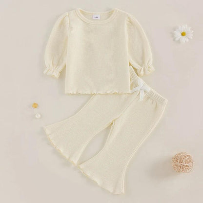 FOCUSNORM 0-3Y Lovely Baby Girls Autumn Clothes Sets 2pcs Solid Color Waffle Long Sleeve Tops and Elastic Flare Pants - petguardiansupplies