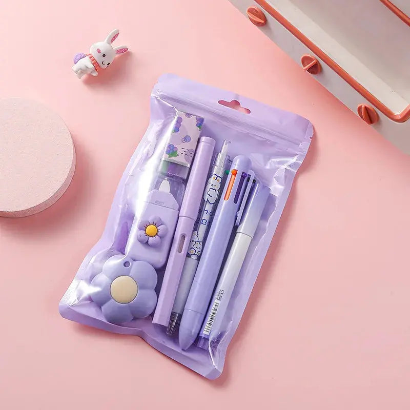 7-In-1 Stationery Set Children Back To School Gel Pen Highlighter Ballpoint Pen Eternal Pencil Tape Eraser Knife Kids Prize - petguardiansupplies