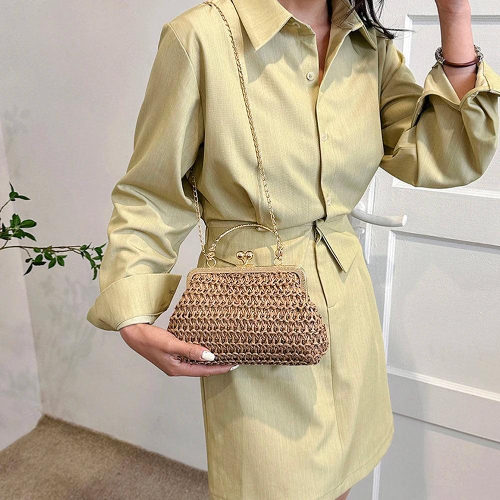 Summer Beach Straw Bags Exquisite Gold Chain Party Banquet Purse Hand Woven Handbag Female Clutch Bag Shoulder Crossbody Bags - petguardiansupplies