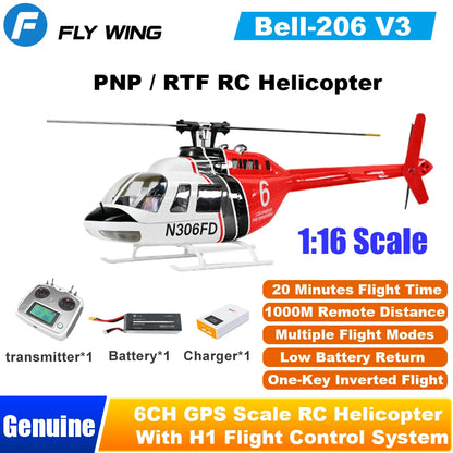 Flywing Bell 206 RC Helicopter V3 6CH GPS Altitude Hold Two Rotor 1:16 RC Scale Helicopter PNP RTF With H1 Flight Control System - petguardiansupplies