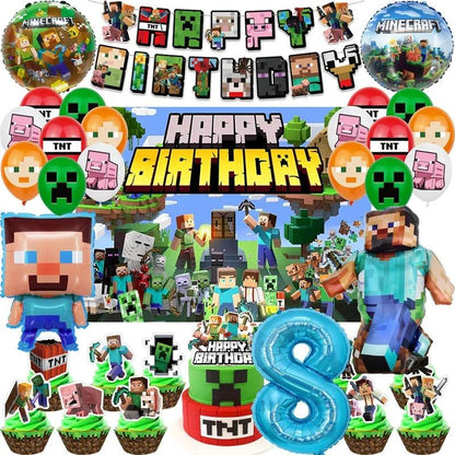 Miner Crafting Birthday Party Decoration Disposable Tableware Foil Balloon Banner Backdrop Cartoon Minecraft Game Theme Decor - petguardiansupplies