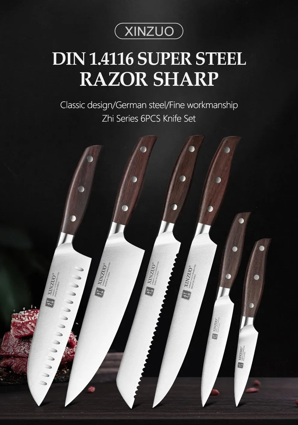 XINZUO Kitchen Tools 6 PCS Kitchen Knife Set of Utility Cleaver Chef Bread Knife High Carbon German Stainless Steel Knives Sets - petguardiansupplies