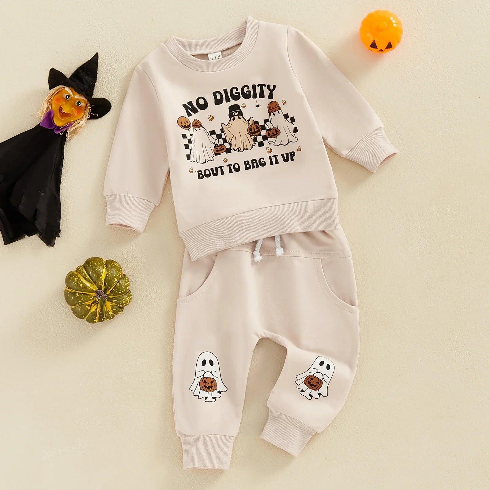 FOCUSNORM 0-3Y Casual Baby Boys Halloween Clothes Sets 2pcs Ghost Letter Print Long Sleeve Sweatshirt Elastic Waist Pants - petguardiansupplies