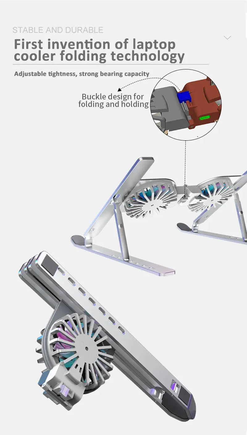 Metal Aluminum Alloy 2 Cooling Fan Bracket Folding Holder Stand Desk LED Light For Gaming PC Tablet Within 13-21 Inches Portabl - petguardiansupplies