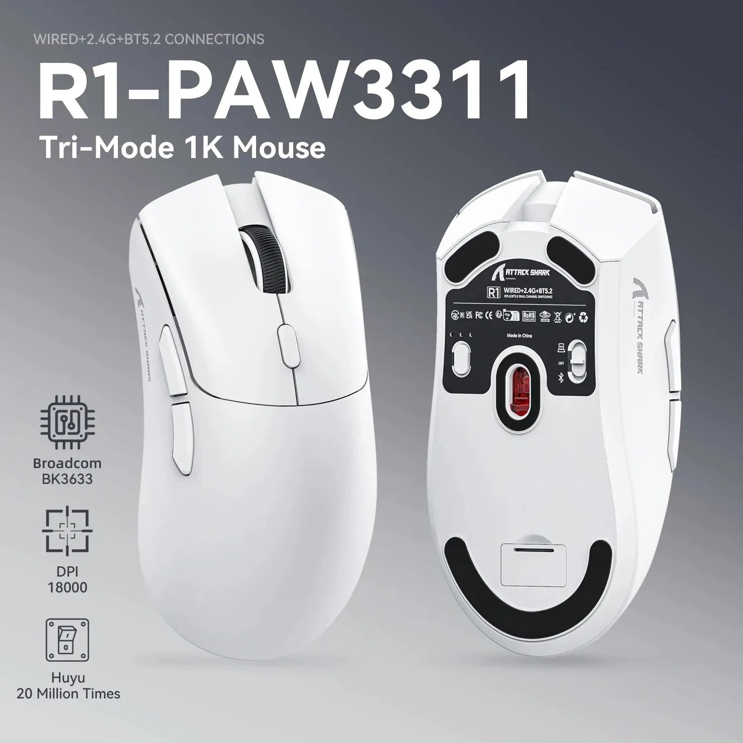 R1 Superlight Mouse Bluetooth 2.4G Wireless Gaming Mouse PixArt PAW3311 Gaming Sensor 6 Adjustable DPI for Office Game - petguardiansupplies