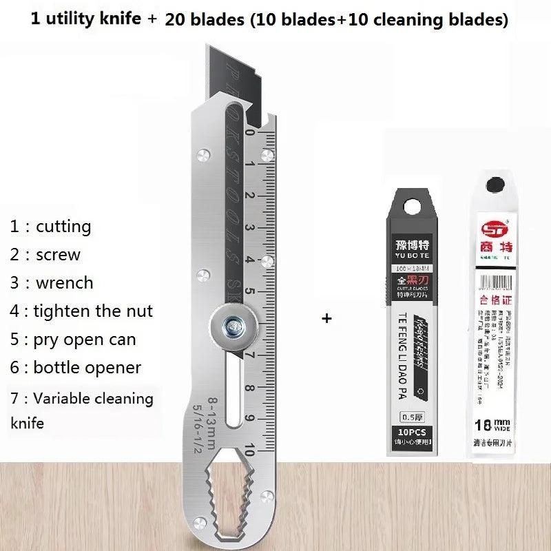 New 10 in 1 Knife Variable Cleaning Shovel нож канцелярия 칼 Stainless Steel Stationery Utility Knife Cutter Bottle Opener Wrench - petguardiansupplies