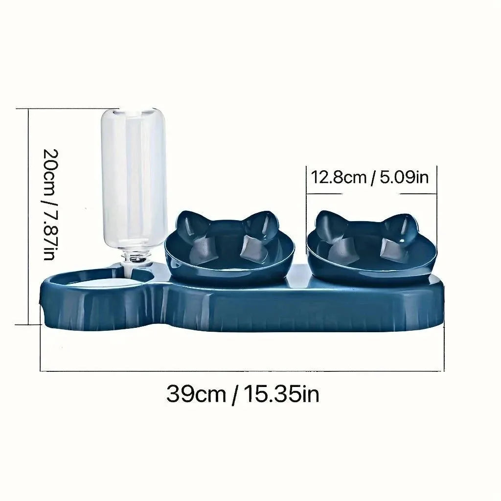 Pet Bowls With Water Feeder, 3 In 1 Ear Design Tilted Cat Water And Food Bowl Set With Gravity Water Bottle For Neck Protection - petguardiansupplies