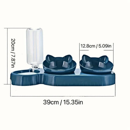 Pet Bowls With Water Feeder, 3 In 1 Ear Design Tilted Cat Water And Food Bowl Set With Gravity Water Bottle For Neck Protection - petguardiansupplies