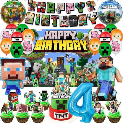 Miner Crafting Birthday Party Decoration Disposable Tableware Foil Balloon Banner Backdrop Cartoon Minecraft Game Theme Decor - petguardiansupplies