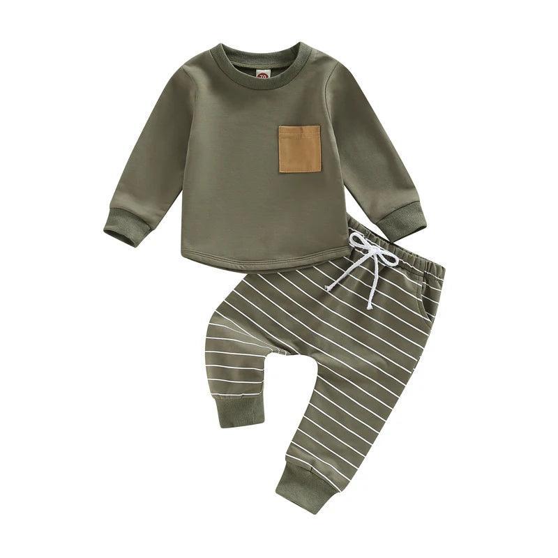 FOCUSNORM 0-3Y Autumn Causal Baby Boys 2pcs Clothes Sets Striped Patchwork Long Sleeve Pullover Pocket Sweatshirt Tops Pants - petguardiansupplies