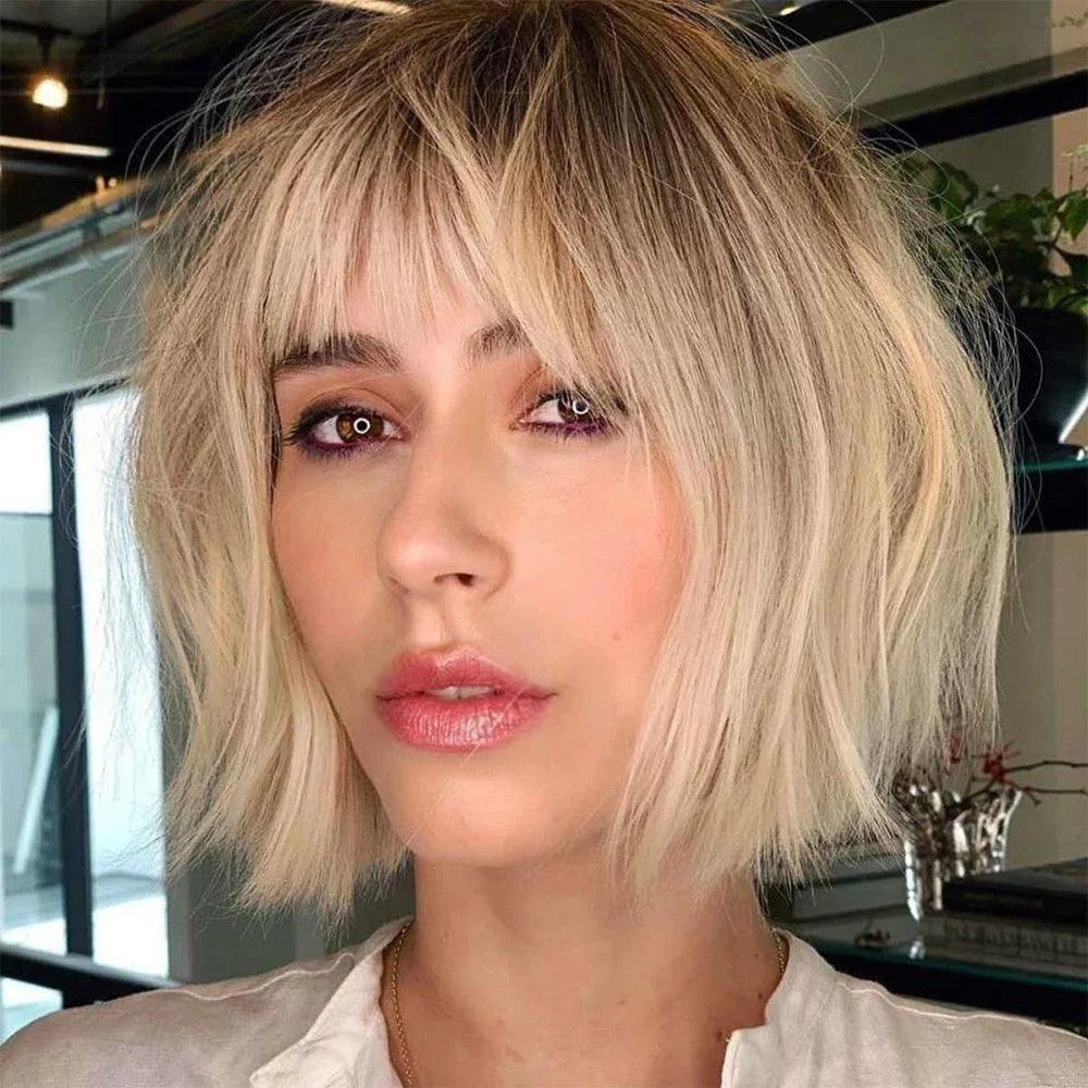 10" Perfect Neck Length Long Layered Haircuts in 2024 Ashy Blonde Highlights Human Hair Wig Cute Bangs Bob HD Lace Frontal Wig - petguardiansupplies