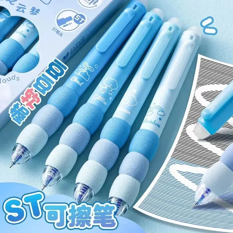 4PCS/Box Soft Cloud Grip Erasable Press Gel Pen ST Tip Quick Drying Ballpoint Pen Student 0.5mm Black Ink Office Accessories - petguardiansupplies