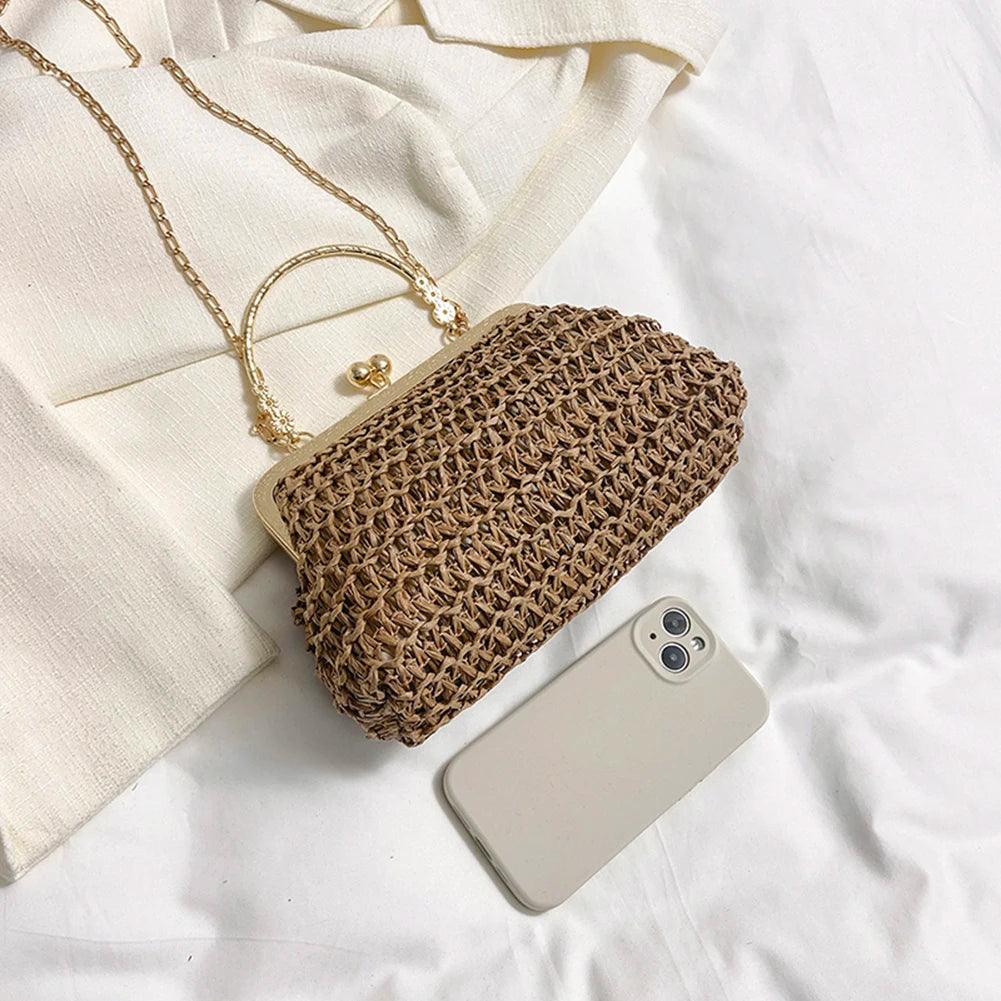 Summer Beach Straw Bags Exquisite Gold Chain Party Banquet Purse Hand Woven Handbag Female Clutch Bag Shoulder Crossbody Bags - petguardiansupplies