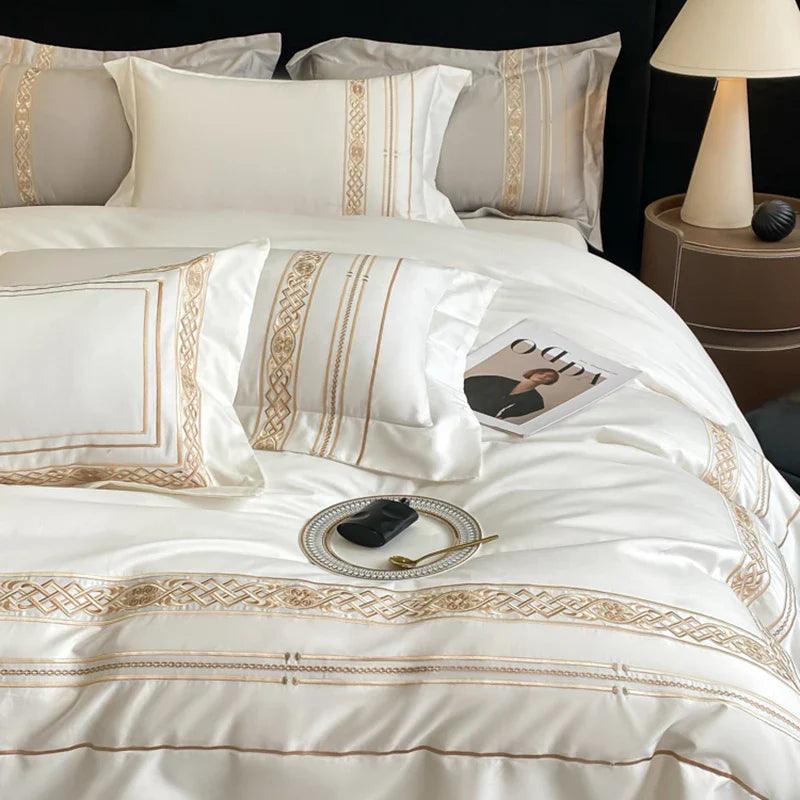 100% Egyptian Cotton Luxury Gold Embroidery Hotel Style Bedding White Grey Duvet Cover Set Fitted Sheet Bed Sheet Pillowcases - petguardiansupplies