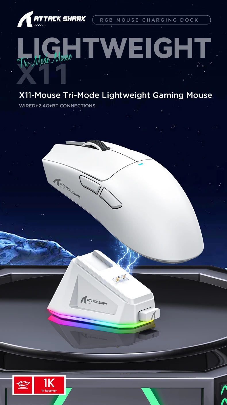 Attack Shark X11 Wireless Mouse,Bluetooth/2.4G/wired Tri-Mode Mouse ,PAW3311 RGB Magnetic charging dock Gaming Mouse - petguardiansupplies