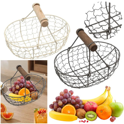 Iron Fruit Basket with Wooden Handle Fruit Vegetable Basket Storing Food Photography Props for Home Kitchen Living Room - petguardiansupplies