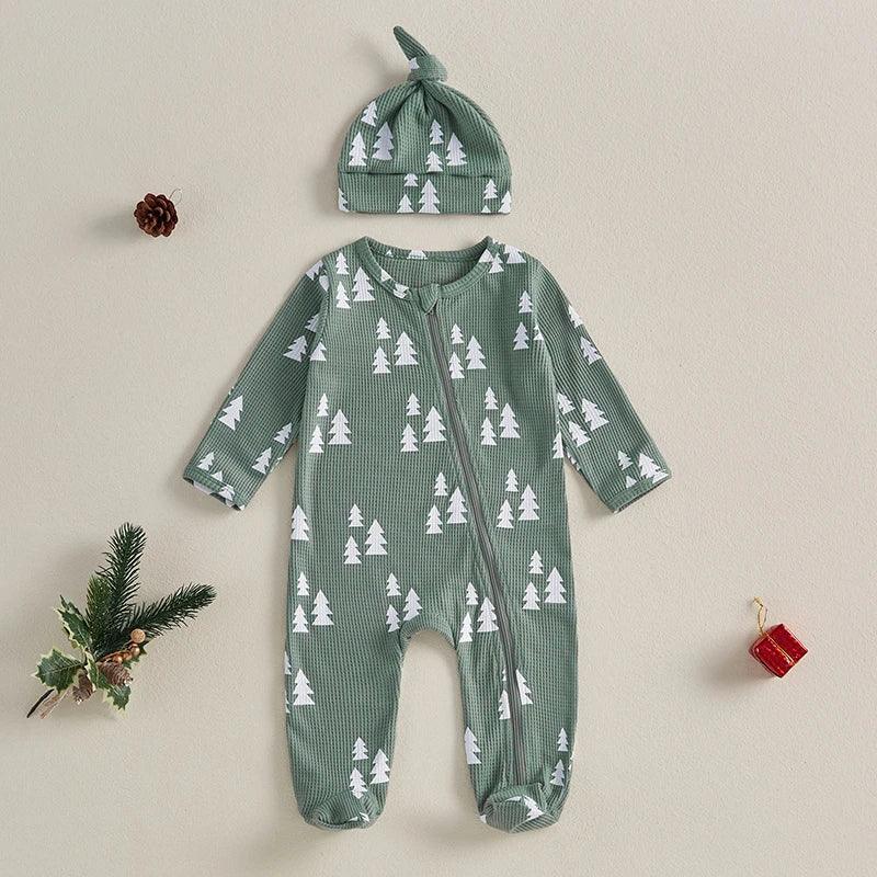 FOCUSNORM Newborn Baby Girls Boys Christmas Romper Sets Xmas Tree Print Long Sleeve Zip-Up Footed Jumpsuits Knot Hat - petguardiansupplies