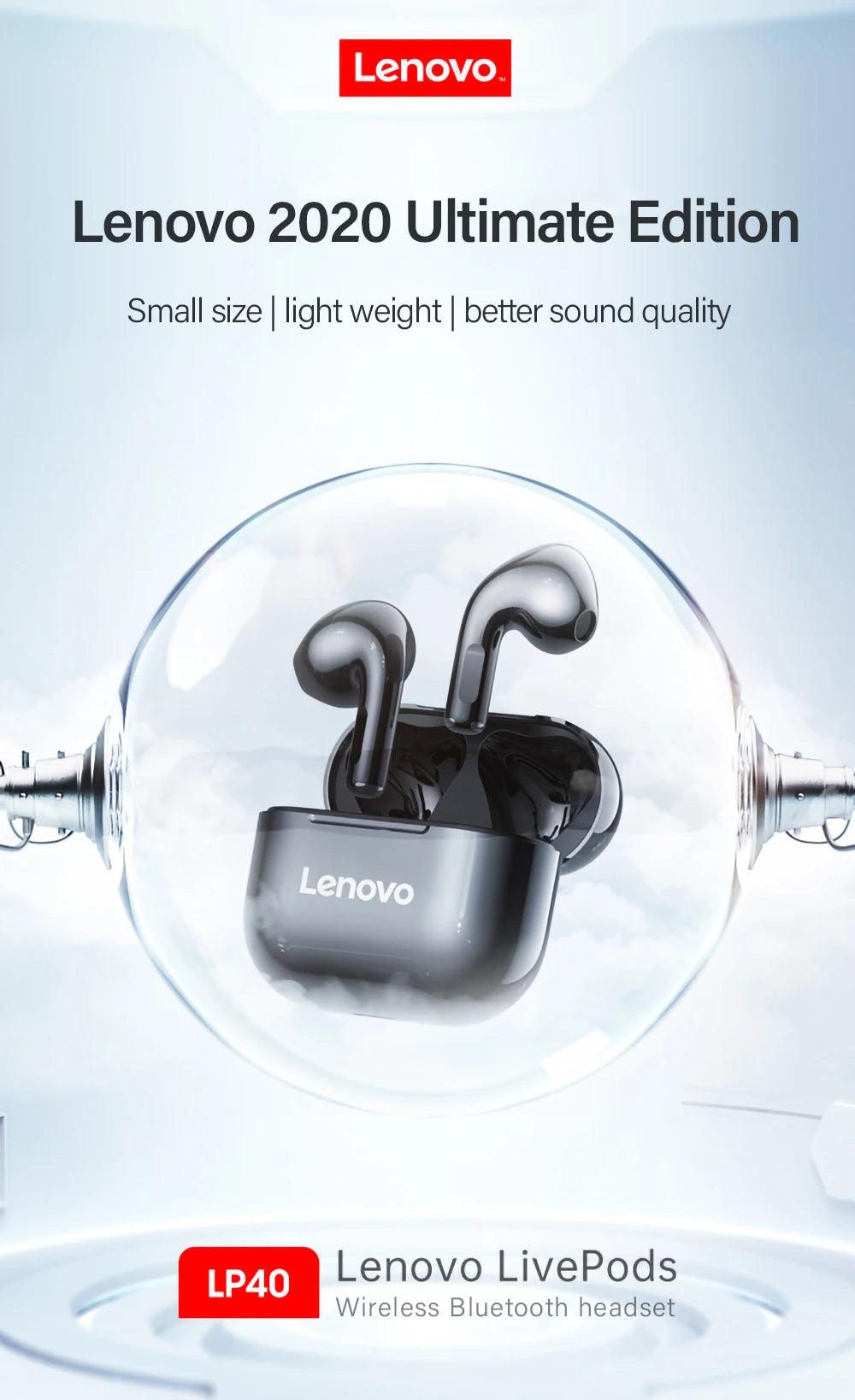 Lenovo LP40 Earphones TWS Wireless Bluetooth 5.0 Earbuds Bass Touch Control Stereo Noise Reduction Long Standby Original Choice - petguardiansupplies