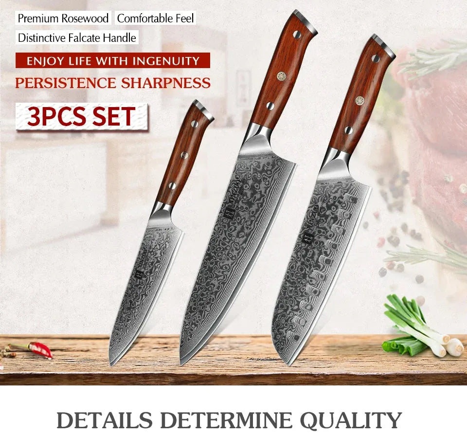 XINZUO 1PCS or 3PCS Kitchen Knife Sets Japanese Forged Damascus Steel Chef Santoku Knives Stainless Steel Rosewood Handle - petguardiansupplies