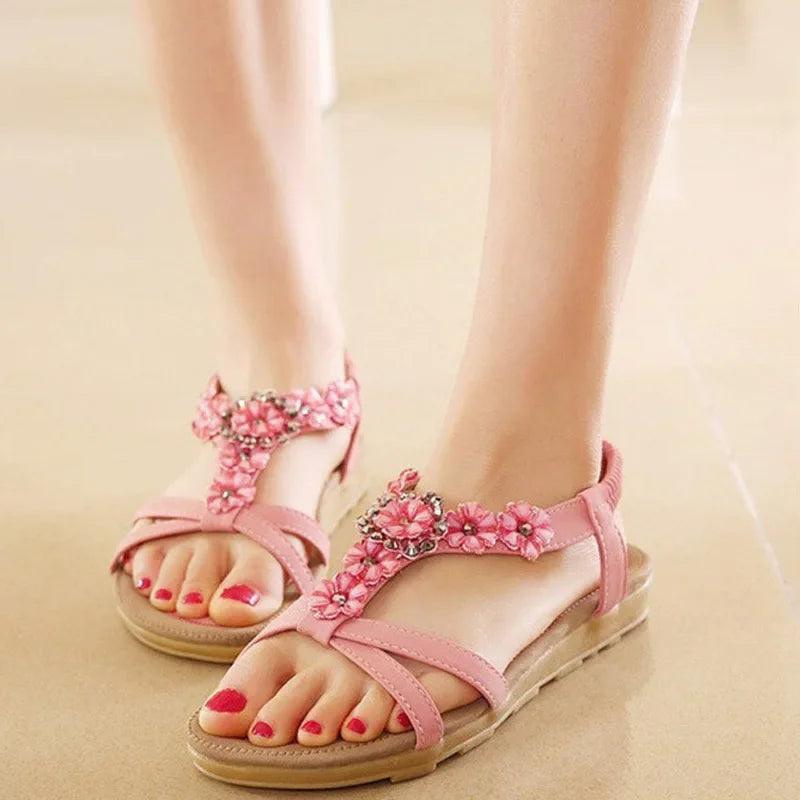 TIMETANGComfortable Flat Heel Sandals Women Large Size Summer Shoes Woman Bohemia Flowers Rhinestone Beach Ladies Shoes - petguardiansupplies