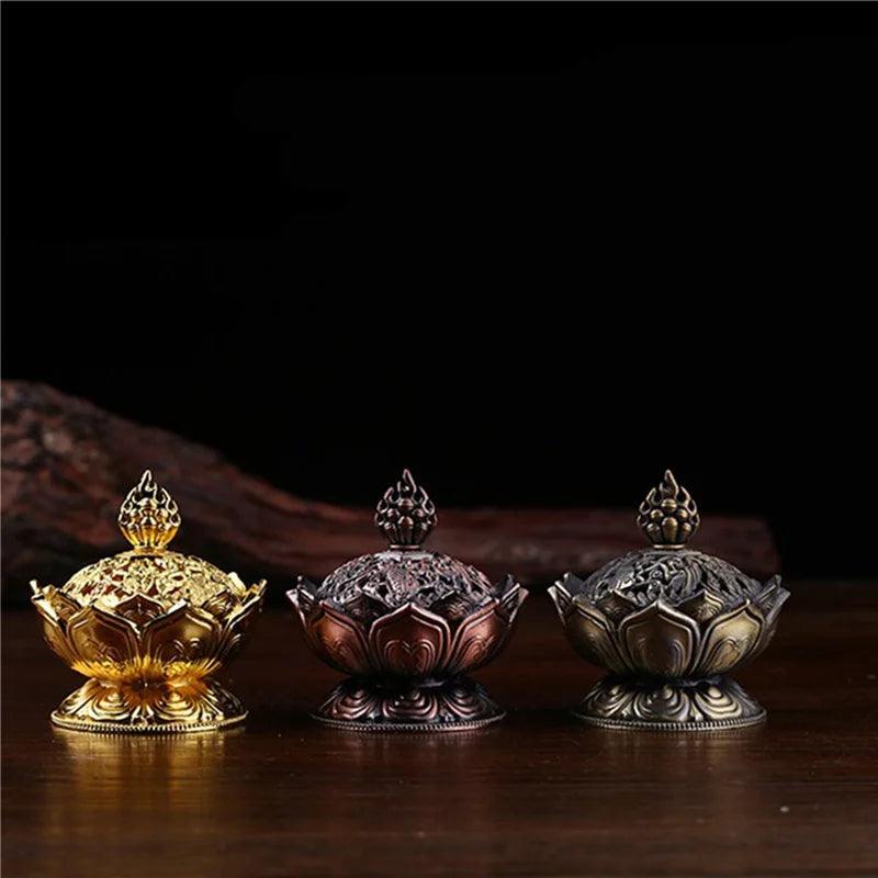 Lotus Flower Incense Burner Buddhism Buddha Holder Brass Mini Sandalwood Censer Incense Metal Craft Home Decoration - petguardiansupplies