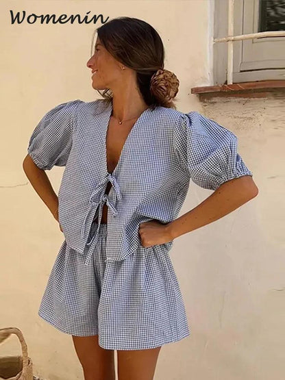 Casual Plaid Shorts Sets Women Loose Lace Up V-neck Puff Sleeve Shirts Wide Leg Short Pants 2024 Summer Lady Two Pieces Sets New - petguardiansupplies